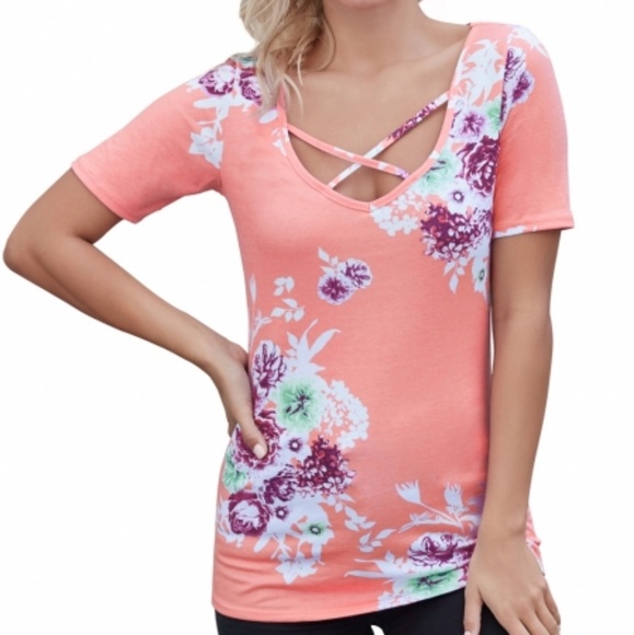 Starlights Fashion Tops - Pink Floral Crisscross Neck Detail Top